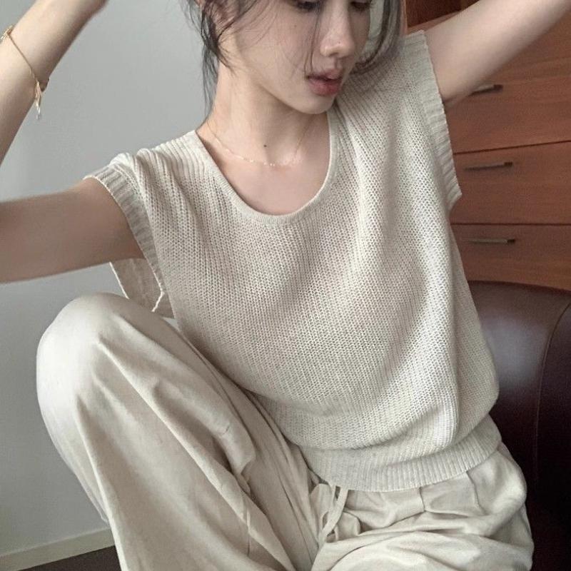 Ice Silk Knitted Shoulder Short Sleeved T-shirt for Women's Summer Design French Slim Fit and Slimming Sleeveless Thin Top