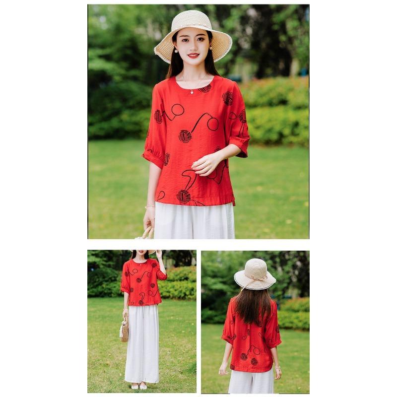 Summer Printed Cotton and Linen T-shirt Mid-sleeve Fashionable Shirt Loose Large Size Middle-aged and Elderly Women's Summer Top
