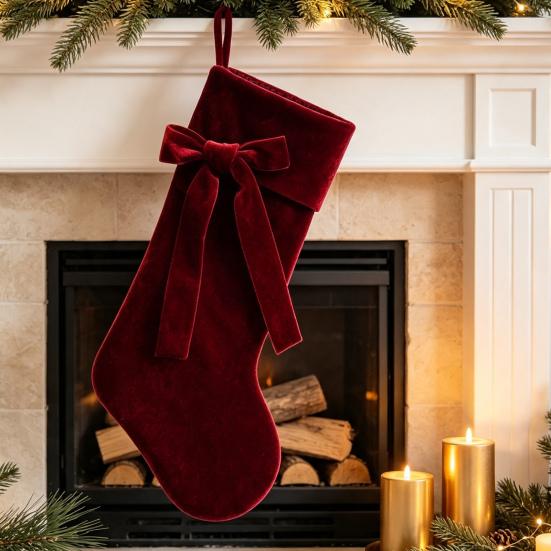 Stockings for Gifts 19 Inch Velvet Christmas Stocking with Bow, Soft Large Fireplace Hanging Tree Ornaments Sock Plush Cuff Mantel, Holiday