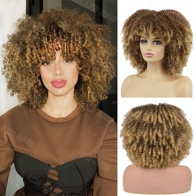 Synthetic Hair Wig 12 Inches Curly Afro Wig With Bang Full Machine Made Wig For Women Kinky Curly Hair Cosplay Wig