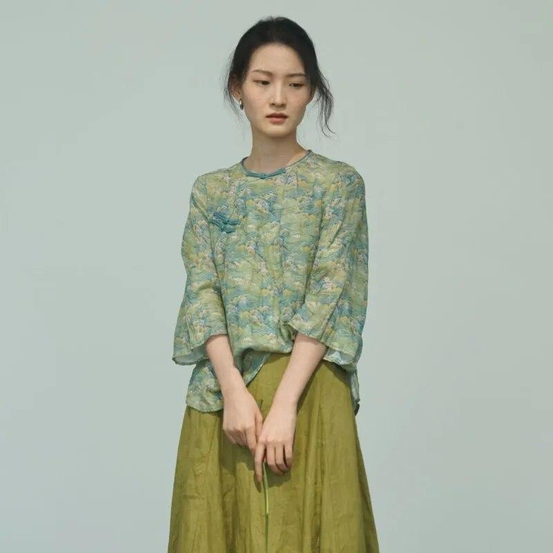 Johnature Women Chinese Style T-Shirts Spring Print Floral Seven Sleeve Loose Button Women Vintage T-Shirts