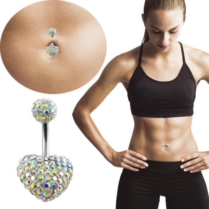 Weißes Kristall-Herz-Bauchnabel-Piercing-Juwel mit Kristallkugel – Chirurgenstahl – Länge 10 mm