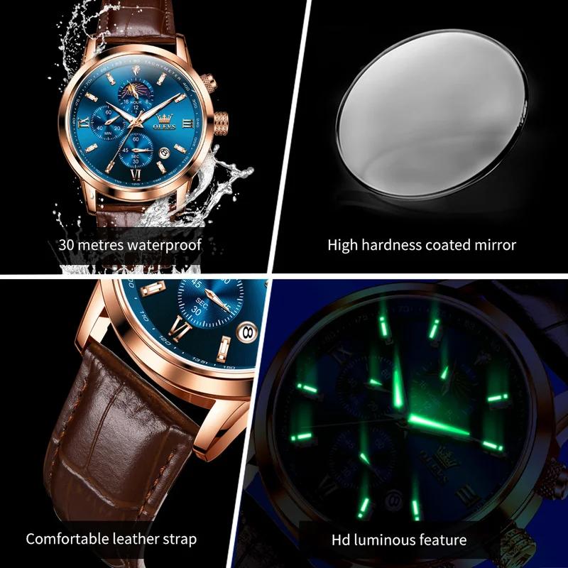 OLEVS Mens Watch Original Comfortable Quartz Watch Leather Strap Waterproof Luminous Moon Phase Watch For Man Automatic Date Watches