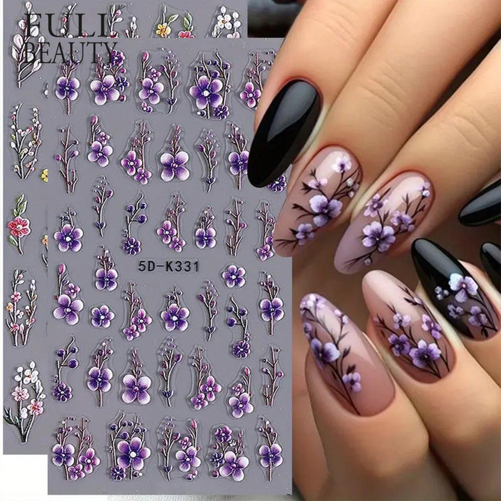 5D embosované samolepky na nehty Bílé květinové obtisky na nehty Gravírování květinových tipů na nehty