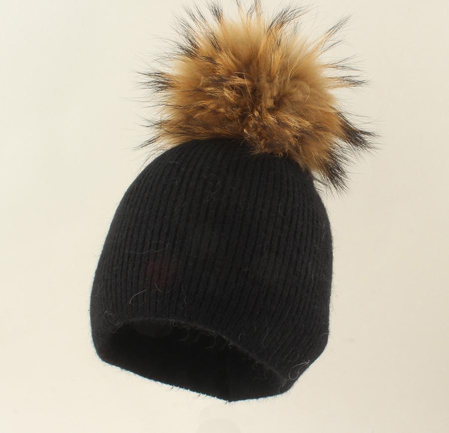High Quality Real Fox Fur Pompom Hats Women Warm Angola Rabbit Fur Knitted Warm Hat Winter Beanies Skullies Female Cap Adult Head 55-59cm чёрный
