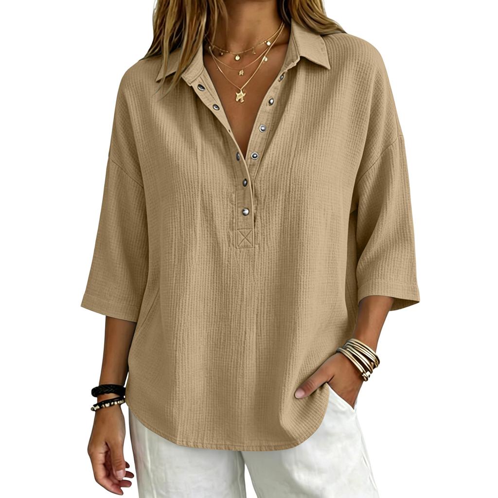Women's Waffle Knit Top Collar V Neck Half Button 3/4 Sleeve Loose Fit Casual Blouse Multi Color