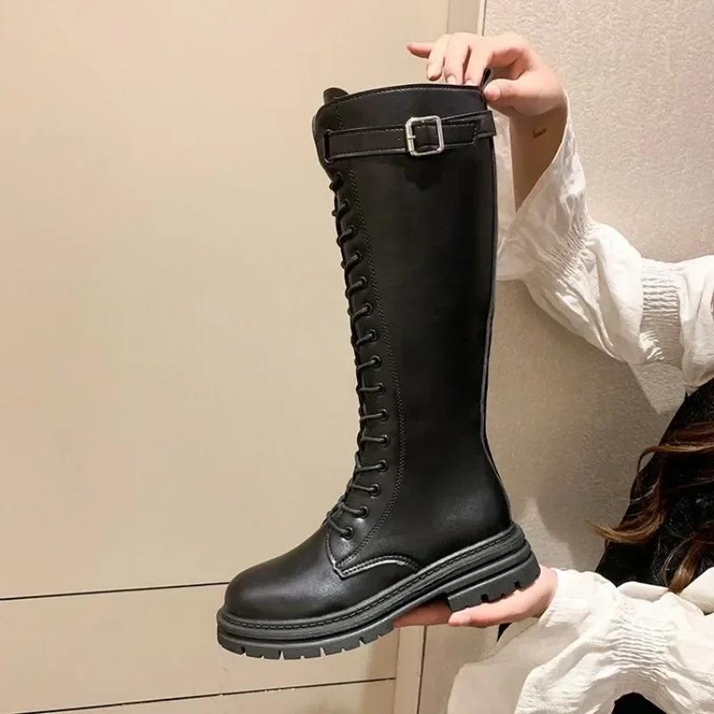 Fashion Women Combat Antumn 2024 Female High Platform Gothic Shoes Black Leather  Lace Up Women Knee High Boots