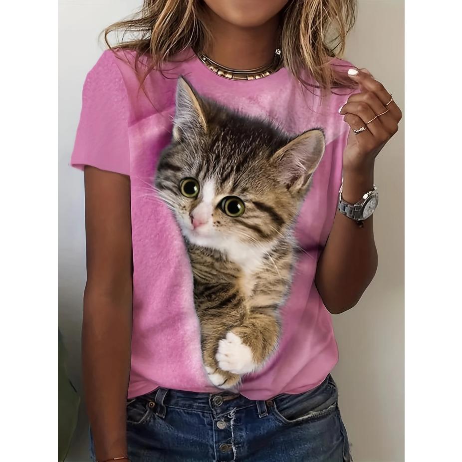 3D Katzenprint Freizeit-T-Shirt Damen Lässiges Kurzarm-Rundhals-T-Shirt mit 3D-Katzenprint, Modisches Oberteil für den täglichen Gebrauch