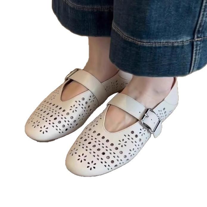 Bohemian hollow single shoes women's gentle hole shoes late evening breeze grandma shoes leather flat-soled French Mary Jane shoes