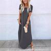 Women Short Sleeve Long Dress With Pockets Casual Oversized Round Neck Beach Dress Female Split Loose Fit Summer Dress Vestidos