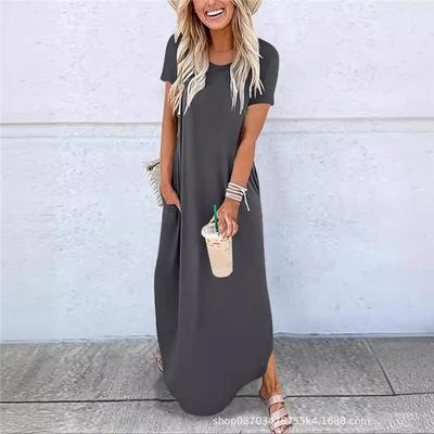 Women Short Sleeve Long Dress With Pockets Casual Oversized Round Neck Beach Dress Female Split Loose Fit Summer Dress Vestidos