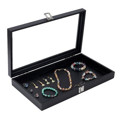 1pc Wood Jewelry Display Cases with Visible Window Lid Rectangle Black 38x22x5.7cm