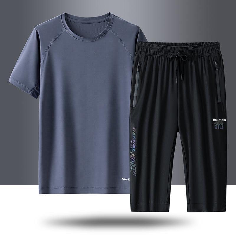 Men's Quick-Dry Ice Silk Summer Suit - Short Sleeve Top & Multi-Length Sports Pants