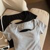Camiseta de Mujer Cuello Cuadrado Manga Corta Espalda Hueca Camiseta Color Sólido Ajuste Slim Tops Cortos Uso Diario
