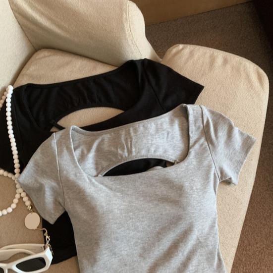 Camiseta de Mujer Cuello Cuadrado Manga Corta Espalda Hueca Camiseta Color Sólido Ajuste Slim Tops Cortos Uso Diario