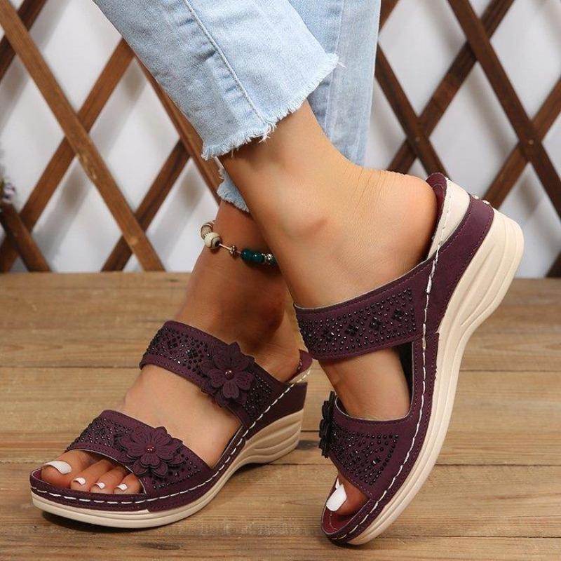 New flower sandals women's shoes car line leisure vacation beach slope heel comfortable large size foreign trade