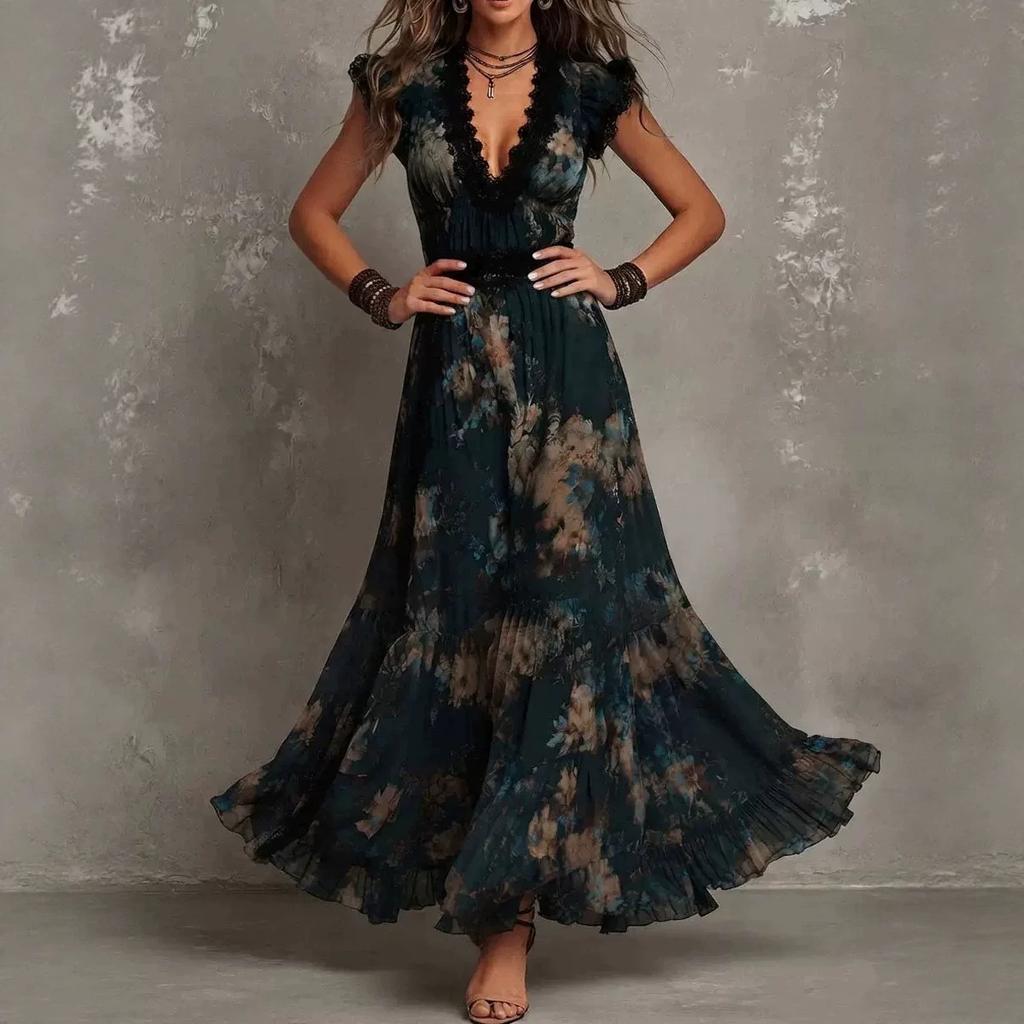 Europe, America, Hot-selling Pastoral Bohemian Print Collar Long-sleeved Dress