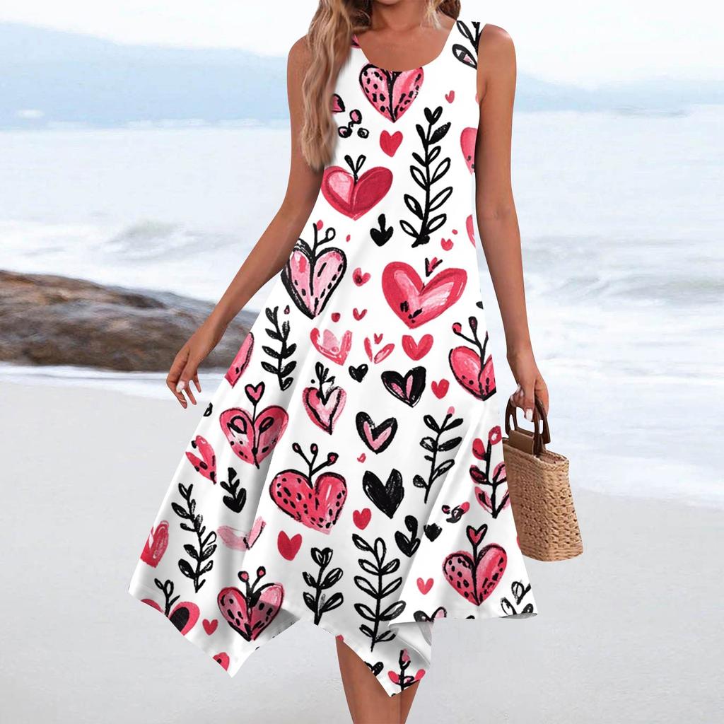 Lässiges, modisches Damen-Midikleid mit Rundhalsausschnitt, ärmellosem Aufdruck und unregelmäßigem Saum