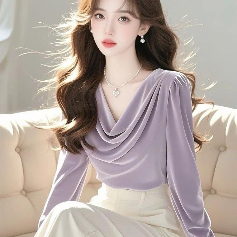 

Рубашка с бархатным воротником высокого класса для женщин, однотонная, с длинным рукавом, уникальные и красивые топы S фиолетовый