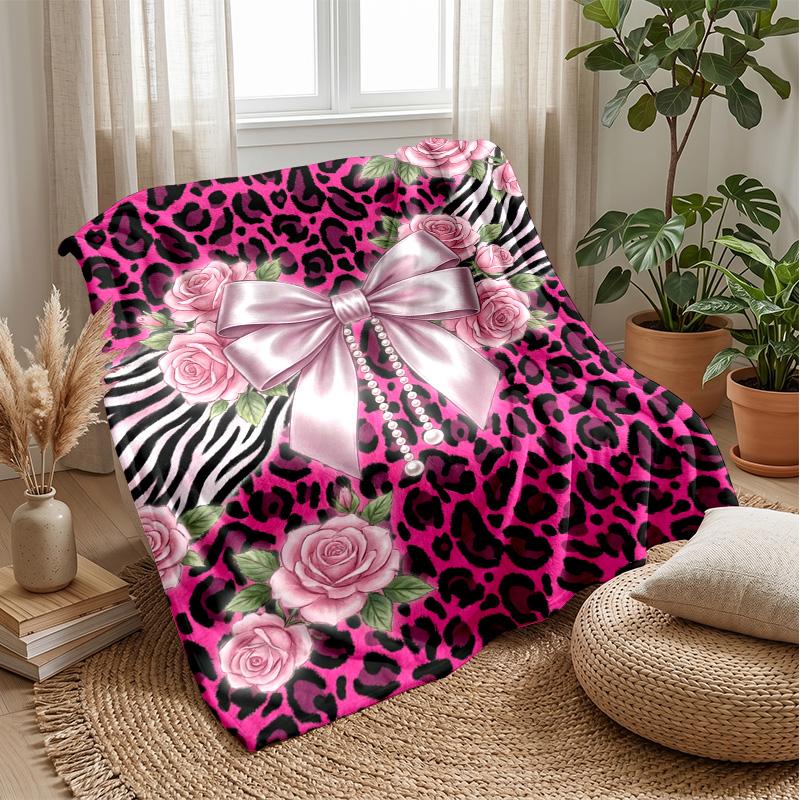 Pink Leopard Roses Bow Theme blanket Lightweight Warm Flannel Blanket Decorative Throw Blanket for Home Decoration