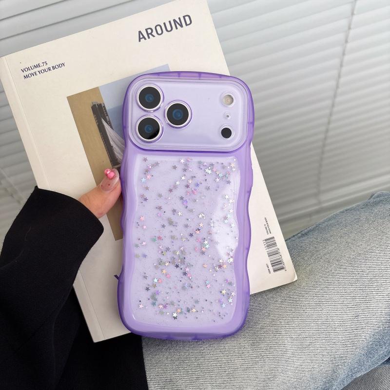 Glitter Star Sequins Wave Edge Clear Case For iPhone 17 Air 16 16E 15 14 13 12 11 Plus Pro Max Lens Protective Silicone Cover