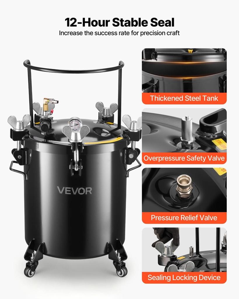 Pressure Pot Paint Tank, 40 L Heavy Duty Steel Pressure Pot Tank, Spray Paint Pressures Pots with Three Quick-Connect Couplers for Home Use, DIY, Art