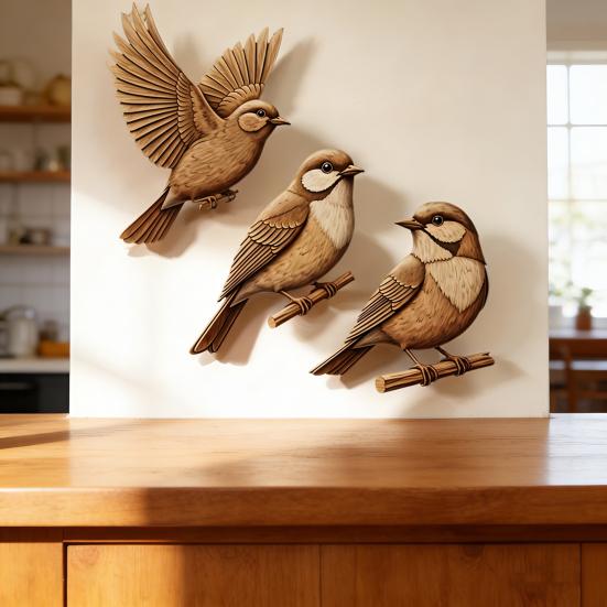 3 Pcs Wooden Sparrow Wall Art Rustic 2D Flying Birds Wall Hanging Decor for Living Room Bedroom Nursery Kids Room Farmhouse