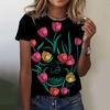 Women's T-Shirt Summer Short Sleeve Casual The Beautiful Flowers Print Top Funny Pattern Pullover Shirts