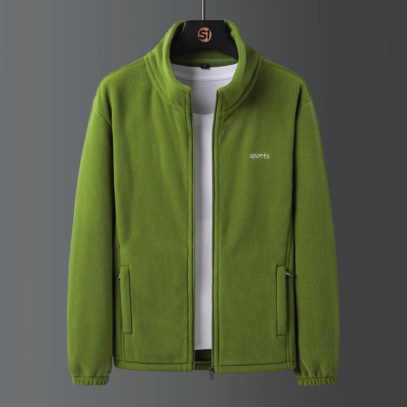 Men's Autumn Korean Style Stand Collar Velvet Jacket with Lambswool and Zipper Welt Pockets