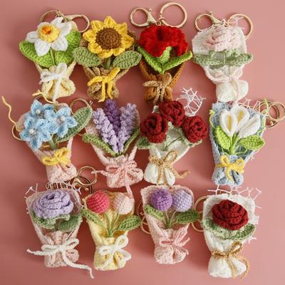 Keychain Pendant Hand Crocheted Flower Key Chain Colorful Yarn Roses Sunflower Charm Key Holder Bag Car Key Accessory