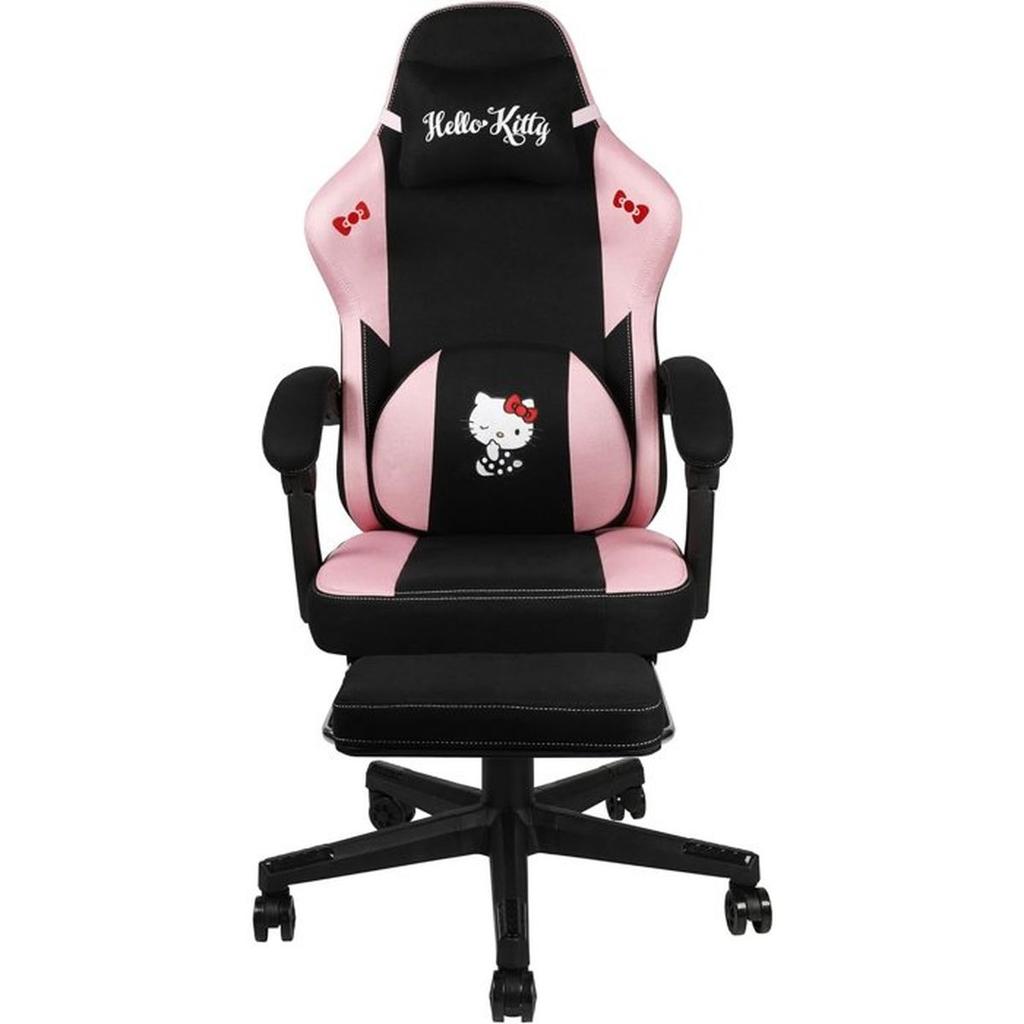 Gaming Office Chair - KONIX - Hello Kitty - 150° Seat Recline - Fabric Upholstery - Cushion - Footrest - Black and Pink