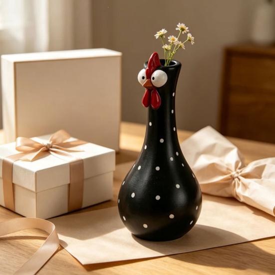 Weather Resistant Garden Art Resin Big Eyed Chicken Vase for Flowers, Cute Animal Planter, Small Flower Decorative Figurine Home Pot, Statue