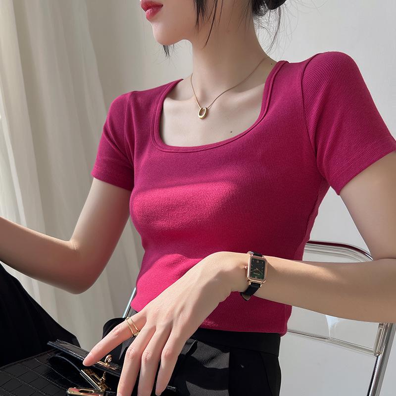 Women's Ribbed Square Neck Cotton T-Shirt: High-Elastic Short Sleeve, Stylish Slim Fit, Summer 2025 Collection