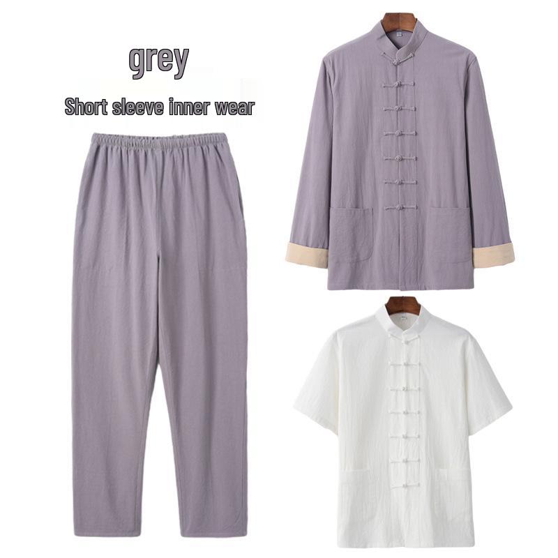 Men's Cotton Linen Three-Piece Tang Suit: Chinese Style Frog Button Hanfu, Retro Lay Buddhist Robe, Tea Attire
