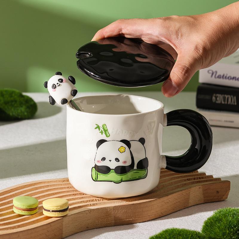 High Value Panda Cup Large Capacity Ceramic Mug with Lid Spoon Couple Home Drinking Water Cup Girls Coffee Cup