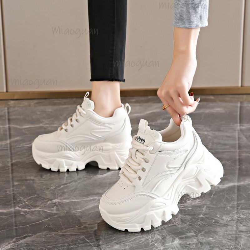 Chunky Sole Platform Sneakers Women's Lace-Up Thick Bottom Vulcanzied Shoes Female Pu Leather Non-Slip Sports Shoes Woman