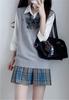 QOOLY High School Uniform Strick Falten kariert Schleife Schule für High School JK Abschluss Schule Kultureller Eingang Authentische Größe L Set, Weste,