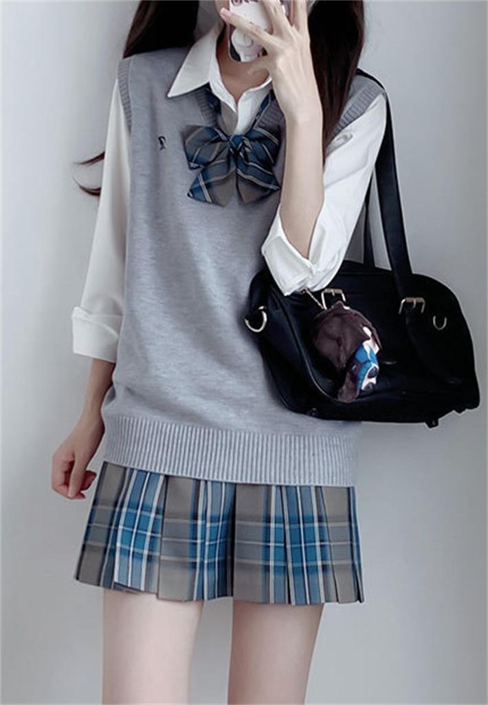 QOOLY High School Uniform Strick Falten kariert Schleife Schule für High School JK Abschluss Schule Kultureller Eingang Authentische Größe L Set, Weste,