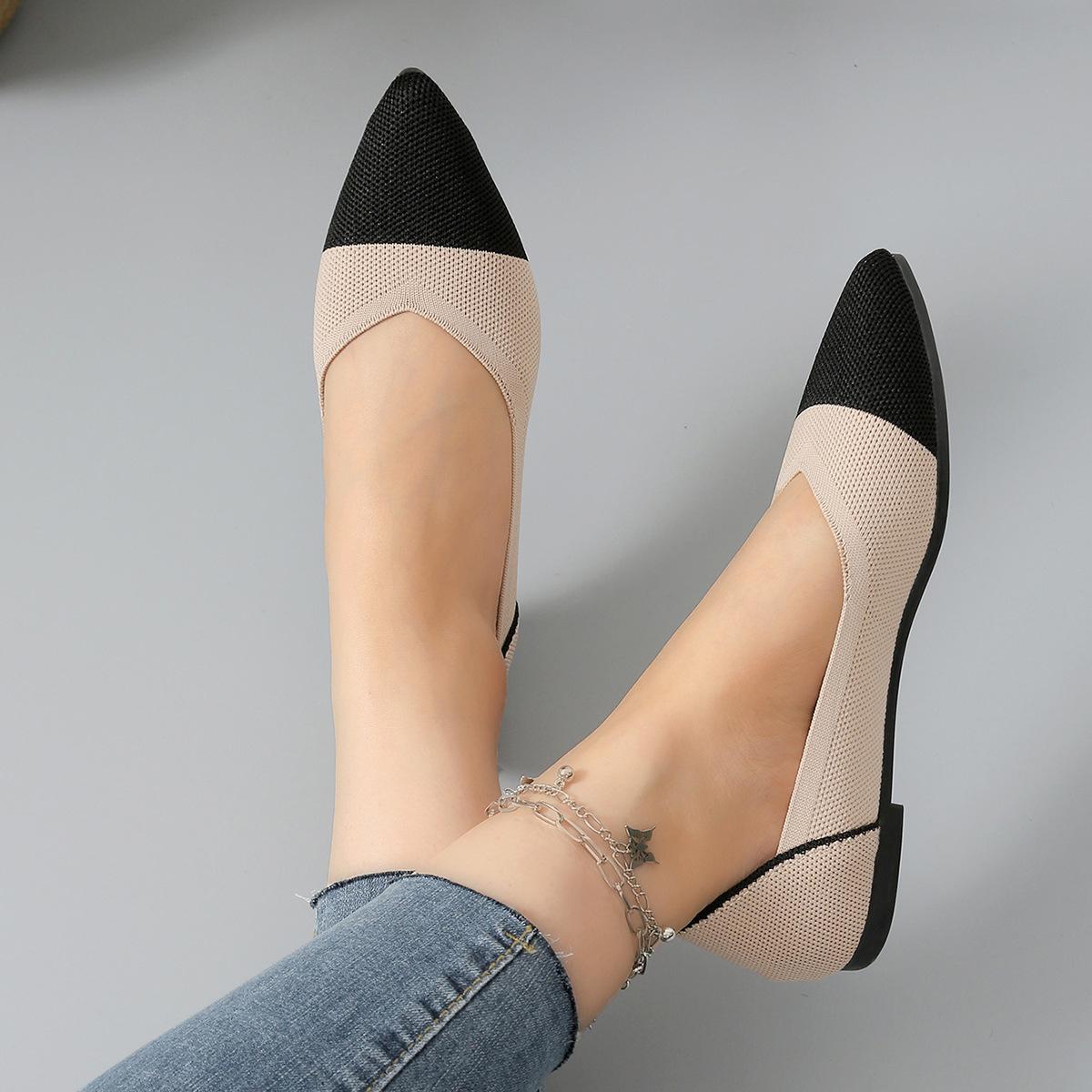 

Женская обувь весна острый носок плоская подошва плетение муха дышащая мелкий вырез одинарные туфли женские 42 абрикосовый