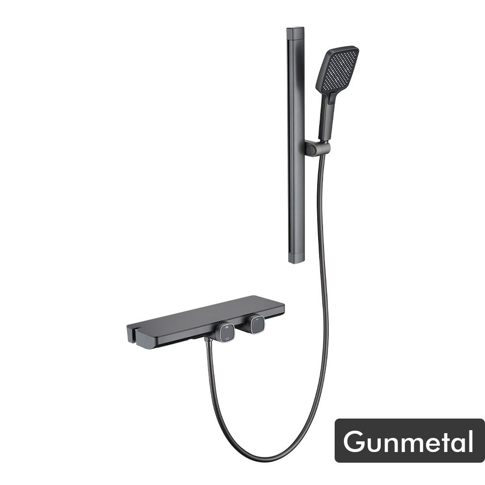 

Смеситель для душа Gunmetal с подъемным рычагом, квадратный, ручной душ, полка для ванной комнаты, 2 функции, водопадный смеситель, горячий и холодный кран для ванной комнаты