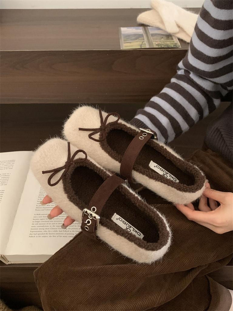French Bow Huge Good-looking Super Fire Fluffy Winter Shoes Mary Jane Single Shoes Fluffy Shoes Women Wear Velvet