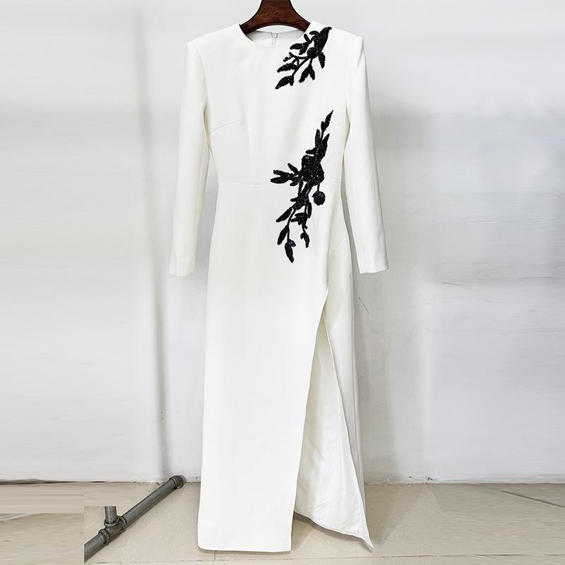Elegant European & American Beaded Floral Sequin Long-Sleeve Gown with Slit XL белый