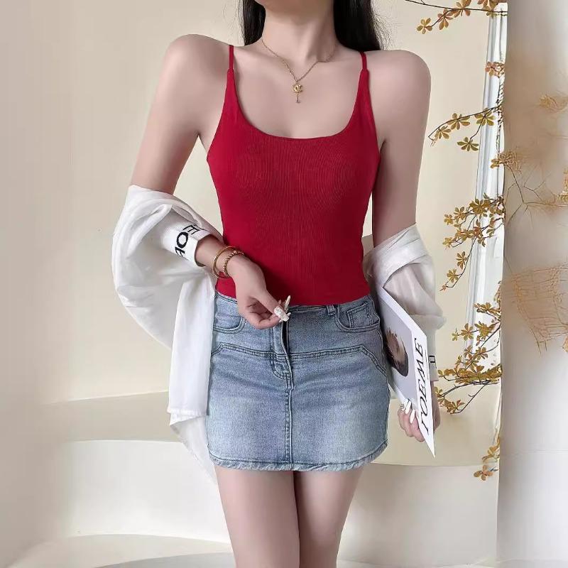 Spring/summer New Spice Girl Pure Color with Breast Pad Beautiful Back Halter Outside Wear Inside with A Base Comfortable Sleeveless Slim Vest Woman