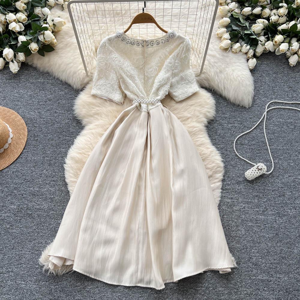 Summer Women Sweet Small Size Flower Beading Fairy Princess Party Dresses For Girl Student With Pearl Belt