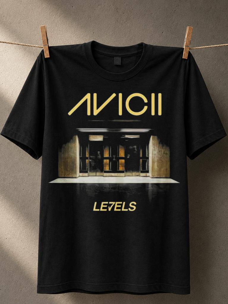 Avicii Levels Gold Logo Lettering Above A Cinematic Doorway Graphic Minimal Electronic Dance Music Unisex All TShirt