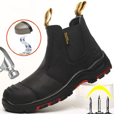 Bottes pour hommes en cuir véritable Chaussures de sécurité de travail Anti-écrasement Anti-perforation Anti-échaudure Chaussures de soudeur Bottes Chelsea de protection Homme