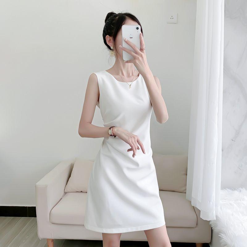 

Женское летнее платье без рукавов со складками - Круглый вырез, Миди, Приталенное, Элегантный офисный стиль M белый