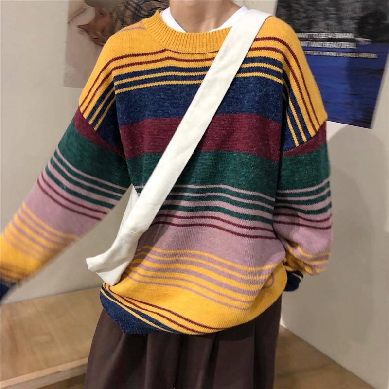 

Pofulove осень-зима студенческий стиль полосатый пуловер с круглым вырезом свитер женский корейский свободный свитер