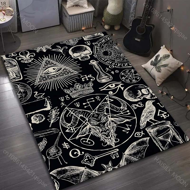 1 st. Matta med mönster av mörka runor för vardagsrum, sovrum, sängkant, soffa, golvmatta, modern heminredning, matta för gång, korridor, område