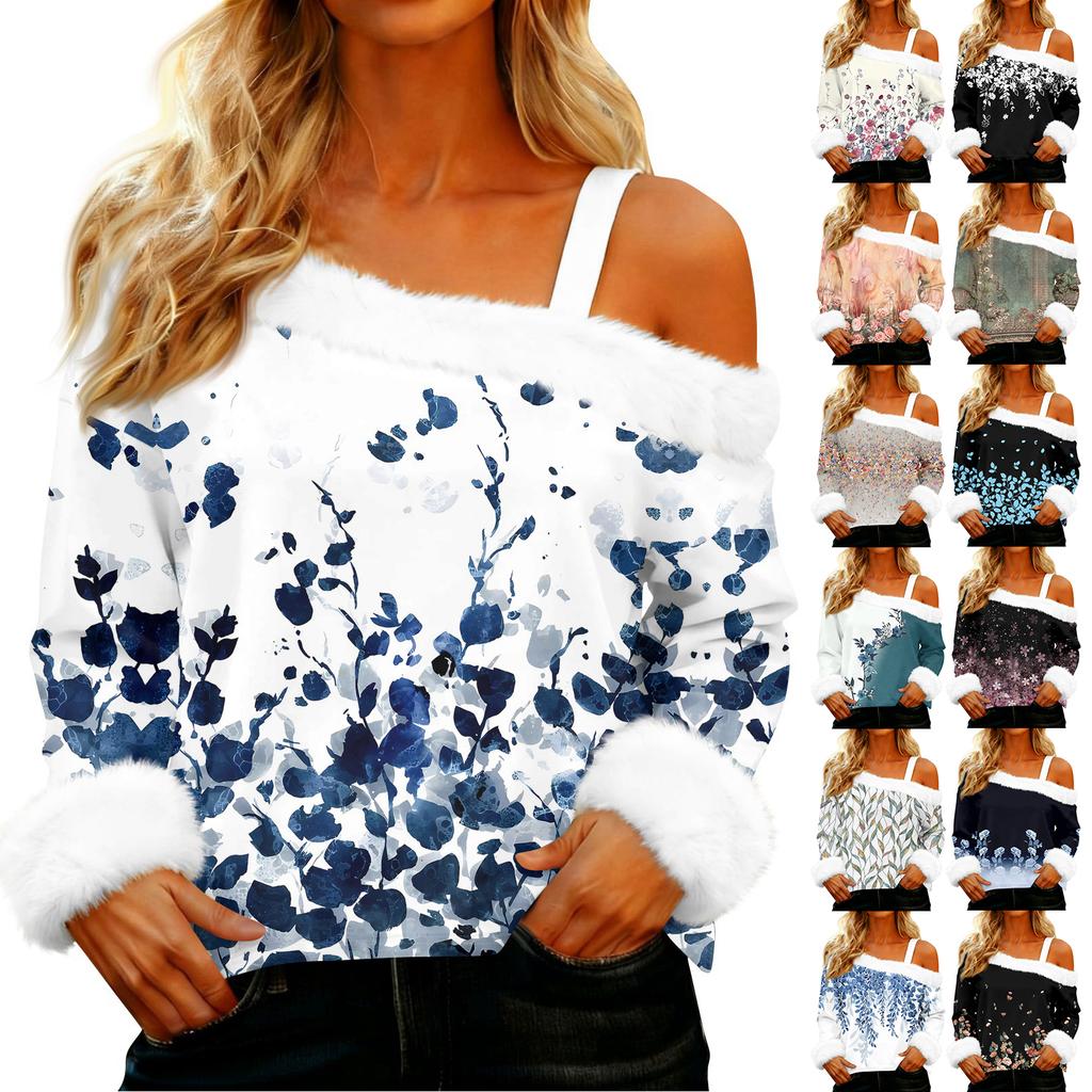 Women's Off-the-shoulder Plush Neck Printed Long-sleeved Pullover T-shirt Top